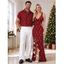 Christmas Couple Outfit Red Argyle Star Print Ruffle Slit V Neck Mermaid Bodycon Dress and Short Sleeve Shirt Holiday Set - Rouge Vineux S | US 4