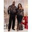 Party Couple Outfit Rhinestone Tassel Print Mesh Panel Off the Shoulder Bodycon Evening Dress and Long Sleeve Shirt Set - Noir S | US 4