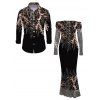 Party Couple Outfit Rhinestone Tassel Print Mesh Panel Off the Shoulder Bodycon Evening Dress and Long Sleeve Shirt Set - Noir S | US 4