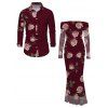 Valentine's Day Couple Outfit Rose Floral Print Mesh Panel Foldover Off the Shoulder Bodycon Dress and Long Sleeve Shirt Set - Rouge Vineux S | US 4