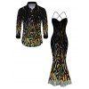 Party Couple Outfit Rhinestone Tiger Spot Print Crisscross Mesh Panel Draped Bodycon Dress and Long Sleeve Shirt Set - Noir S | US 4