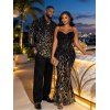 Party Couple Outfit Rhinestone Tiger Spot Print Crisscross Mesh Panel Draped Bodycon Dress and Long Sleeve Shirt Set - Noir S | US 4