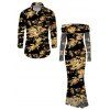 Vintage Couple Outfit Tie Dye Print Mesh Panel Foldover Off the Shoulder Bodycon Dress and Long Sleeve Shirt Set - Noir S | US 4