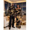 Vintage Couple Outfit Tie Dye Print Mesh Panel Foldover Off the Shoulder Bodycon Dress and Long Sleeve Shirt Set - Noir S | US 4
