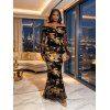 Vintage Dress Tie Dye Print Mesh Panel Foldover Off the Shoulder Long Sleeve Bodycon Dress - Noir S | US 4