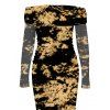 Vintage Dress Tie Dye Print Mesh Panel Foldover Off the Shoulder Long Sleeve Bodycon Dress - Noir L | US 8-10