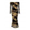 Vintage Dress Tie Dye Print Mesh Panel Foldover Off the Shoulder Long Sleeve Bodycon Dress - Noir L | US 8-10