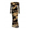 Vintage Dress Tie Dye Print Mesh Panel Foldover Off the Shoulder Long Sleeve Bodycon Dress - Noir XL | US 12