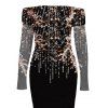 Party Dress Rhinestone Tassel Print Mesh Panel Off the Shoulder Long Sleeve Bodycon Evening Dress - Noir M | US 6