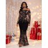 Party Dress Rhinestone Tassel Print Mesh Panel Off the Shoulder Long Sleeve Bodycon Evening Dress - Noir L | US 8-10
