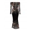 Party Dress Rhinestone Tassel Print Mesh Panel Off the Shoulder Long Sleeve Bodycon Evening Dress - Noir XXL | US 14