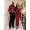 Party Couple Outfit Solid Color Skew Neck Shiny Fabric Bodycon Midi Slit Dress and Satin Shirt Evening Set - Rouge Vineux S | US 4