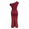 Party Couple Outfit Solid Color Skew Neck Shiny Fabric Bodycon Midi Slit Dress and Satin Shirt Evening Set - Rouge Vineux S | US 4