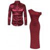 Party Couple Outfit Solid Color Skew Neck Shiny Fabric Bodycon Midi Slit Dress and Satin Shirt Evening Set - Rouge Vineux S | US 4