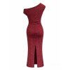 Party Dress Solid Color Skew Neck Shiny Fabric Bodycon Midi Slit Evening Dress - Rouge Vineux M | US 6