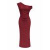 Party Dress Solid Color Skew Neck Shiny Fabric Bodycon Midi Slit Evening Dress - Rouge Vineux XXL | US 14
