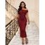 Party Dress Solid Color Skew Neck Shiny Fabric Bodycon Midi Slit Evening Dress - Rouge Vineux XXL | US 14