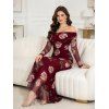 Elegant Dress Rose Floral Print Mesh Panel Foldover Off the Shoulder Valentine's Day Bodycon Dress - Rouge Vineux M | US 6