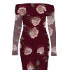 Elegant Dress Rose Floral Print Mesh Panel Foldover Off the Shoulder Valentine's Day Bodycon Dress - Rouge Vineux S | US 4
