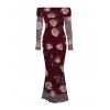 Elegant Dress Rose Floral Print Mesh Panel Foldover Off the Shoulder Valentine's Day Bodycon Dress - Rouge Vineux S | US 4