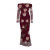 Elegant Dress Rose Floral Print Mesh Panel Foldover Off the Shoulder Valentine's Day Bodycon Dress - Rouge Vineux S | US 4