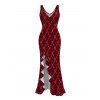 Christmas Dress Red Argyle Star Print Ruffle Slit V Neck Mermaid Bodycon Holiday Dress - Rouge Vineux M | US 6