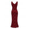 Christmas Dress Red Argyle Star Print Ruffle Slit V Neck Mermaid Bodycon Holiday Dress - Rouge Vineux M | US 6