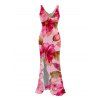 Vacation Dress Watercolor Floral Leaf Print Ruffle Slit V Neck Mermaid Bodycon Dress - Rose M | US 6