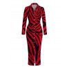 Casual Shirt Dress Colorblock Tiger Print Ruched Button Up Long Sleeve Bodycon Dress - Rouge XL | US 12