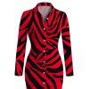Casual Shirt Dress Colorblock Tiger Print Ruched Button Up Long Sleeve Bodycon Dress - Rouge XL | US 12