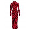 Casual Shirt Dress Colorblock Tiger Print Ruched Button Up Long Sleeve Bodycon Dress - Rouge XL | US 12