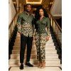Vintage Couple Outfit Leopard Print Panel Turn Down Collar Ruched Bodycon Shirt Dress and Long Sleeve Shirt Set - Vert Armée S | US 4