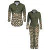Vintage Couple Outfit Leopard Print Panel Turn Down Collar Ruched Bodycon Shirt Dress and Long Sleeve Shirt Set - Vert Armée S | US 4