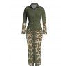 Vintage Couple Outfit Leopard Print Panel Turn Down Collar Ruched Bodycon Shirt Dress and Long Sleeve Shirt Set - Vert Armée S | US 4
