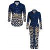 Vintage Couple Outfit Leopard Print Panel Turn Down Collar Ruched Bodycon Shirt Dress and Long Sleeve Shirt Set - Bleu profond S | US 4