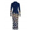 Vintage Couple Outfit Leopard Print Panel Turn Down Collar Ruched Bodycon Shirt Dress and Long Sleeve Shirt Set - Bleu profond S | US 4
