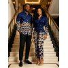 Vintage Couple Outfit Leopard Print Panel Turn Down Collar Ruched Bodycon Shirt Dress and Long Sleeve Shirt Set - Bleu profond S | US 4