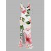 Vacation Couple Outfit Watercolor Floral Leaf Print Ruffle Slit V Neck Mermaid Bodycon Dress and Long Sleeve Shirt Set - Blanc S | US 4
