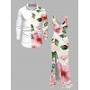 Vacation Couple Outfit Watercolor Floral Leaf Print Ruffle Slit V Neck Mermaid Bodycon Dress and Long Sleeve Shirt Set - Blanc S | US 4