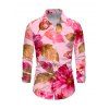 Vacation Couple Outfit Watercolor Floral Leaf Print Ruffle Slit V Neck Mermaid Bodycon Dress and Long Sleeve Shirt Set - Rose S | US 4
