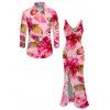 Vacation Couple Outfit Watercolor Floral Leaf Print Ruffle Slit V Neck Mermaid Bodycon Dress and Long Sleeve Shirt Set - Rose S | US 4