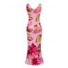 Vacation Couple Outfit Watercolor Floral Leaf Print Ruffle Slit V Neck Mermaid Bodycon Dress and Long Sleeve Shirt Set - Rose S | US 4