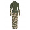 Vintage Shirt Dress Leopard Print Panel Turn Down Collar Ruched Bodycon Dress - Vert Armée XL | US 12