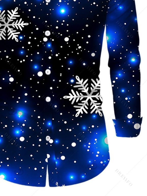 Men's Christmas Shirt Starry Sky Snowflake Print Button Up Long Sleeve Holiday Shirt - Bleu profond M