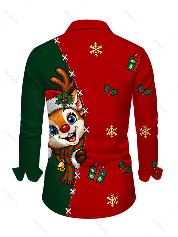 Men's Christmas Shirt Contrast Color Cartoon Elk Snowflake Gift Print Button Up Long Sleeve Holiday Shirt - multicolor 5XL