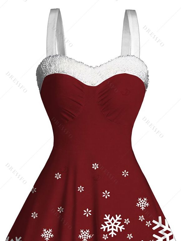 Christmas Dress Contrast Color Snowflake Print Faux Fur A Line Holiday Dress - Rouge Vineux XXL | US 14