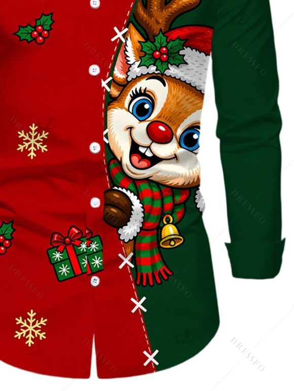 Men's Christmas Shirt Contrast Color Cartoon Elk Snowflake Gift Print Button Up Long Sleeve Holiday Shirt - multicolor 5XL