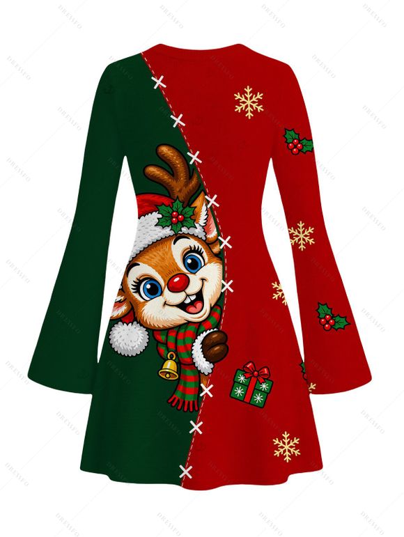 Christmas Dress Contrast Color Cartoon Elk Snowflake Gift Print Bell Sleeve A Line Holiday Dress - multicolor S | US 4
