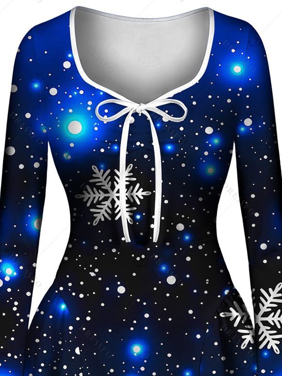 Christmas Dress Starry Sky Snowflake Print Bell Sleeve Bowknot A Line Holiday Dress - Bleu profond M | US 6