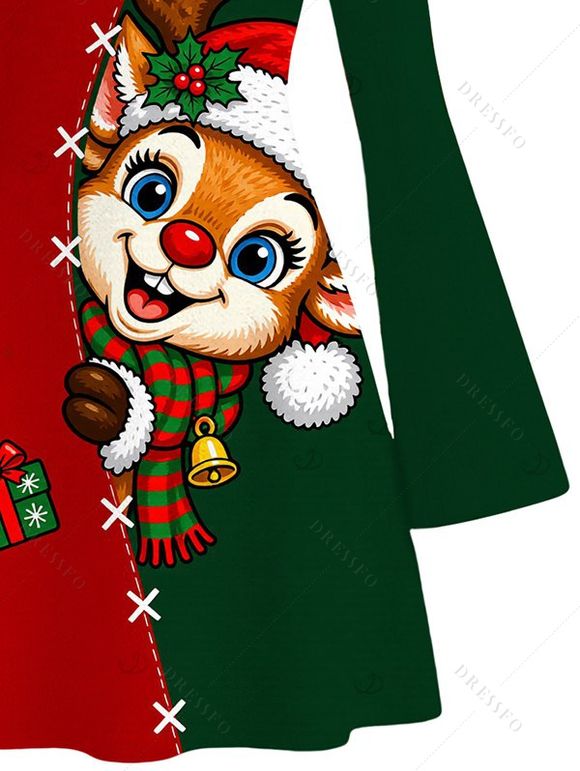 Christmas Dress Contrast Color Cartoon Elk Snowflake Gift Print Bell Sleeve A Line Holiday Dress - multicolor S | US 4
